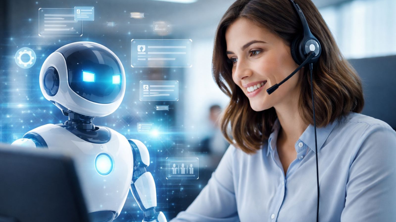 Customer care IA donna al customer care con vicino un robot