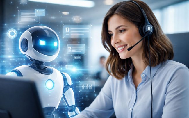 Customer care IA donna al customer care con vicino un robot